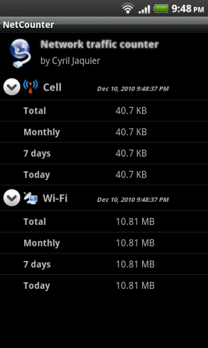 Abbildung 3: NetCounter App zählt den Datenverkehr über WLAN und das 3G-Modem.