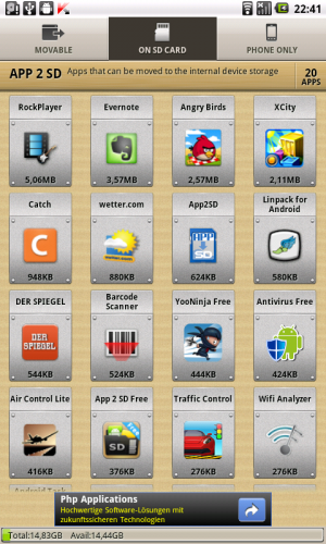 Abbildung 3: App 2 SD zeigt bei jeder App den Namen, das Icon und die Dateigröße an.