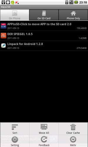Abbildung 5: App2SD hat drei Apps gefunden, die sich auf die Speicherkarte verschieben lassen.
