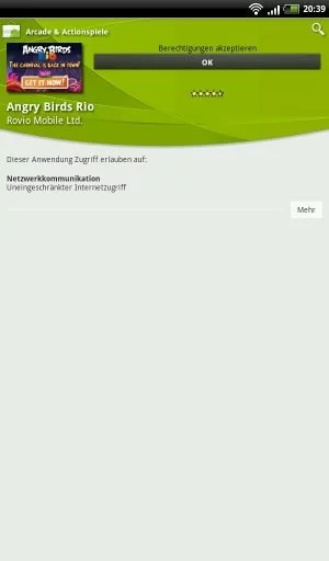 Abbildung 5: Angry Birds möchte lediglich aufs Internet zugreifen. Andere Apps stellen oft deutlich mehr Ansprüche.
