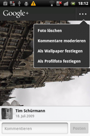 Abbildung 12: In der Detailansicht eines Fotos, kann man dieses aus Google+ auch wieder entfernen. Bildbearbeitungsfunktionen wie in der Browservariante gibt es hier in der App allerdings nicht.