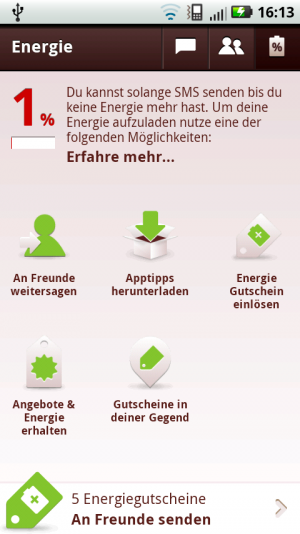 Abbildung 3: Bei Yuilop lässt sich das Energieguthaben auf verschiedene Arten wieder auffüllen.