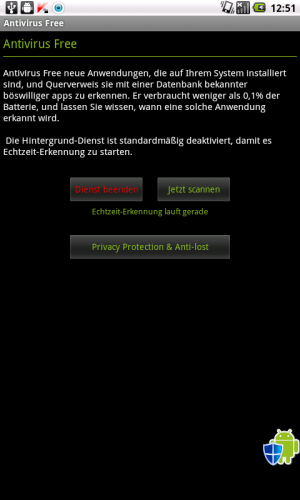 Abbildung 1: Das Hauptmenü von Antivirus Free. Die deutsche Übersetzung trägt nicht unbedingt dazu bei, der App zu vertrauen.