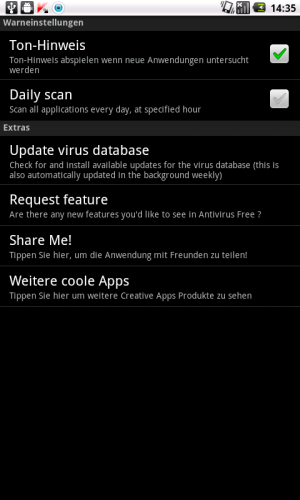 Abbildung 2: Über das Menü von Antivirus Free starten Sie ein manuelles Update der Virus-Datenbank oder stellen die Benachrichtigung ab.