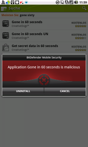 Abbildung 3: Einzig Bitdefender Mobile Security erkannte den Trojaner Gone in 60 seconds schon während der Installation.
