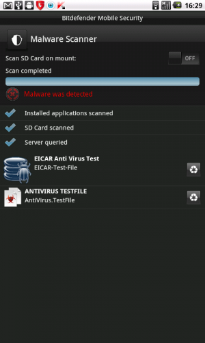 Abbildung 4: Die beiden Testviren aus dem Android Market erkannte Bitdefender Problemlos.