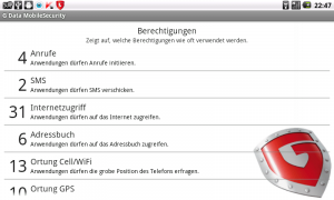 Abbildung 9: Als besonderes Feature zeigt G-Data MobileSecurity eine Liste der Apps mit ihren Berechtigungen an.