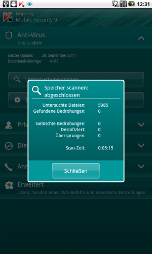Abbildung 10: Kaspersky Mobile Security 9 lässt sich reichlich Zeit für den Scan-Durchlauf.