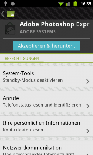 Abbildung 1: Jede App im Android Market weist ihre Berechtigungen vor der Installation aus.