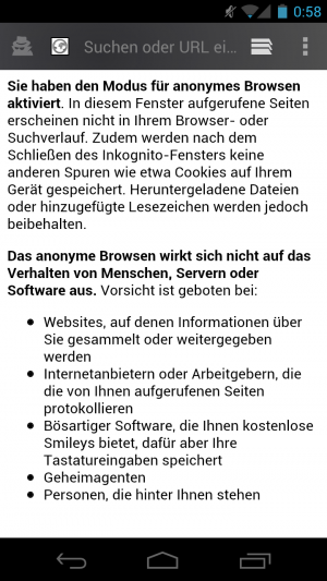 Abbildung 9: Von Google Chrome übernommen: Die Incognito-Tabs gibt es nun auch im Android-Browser.