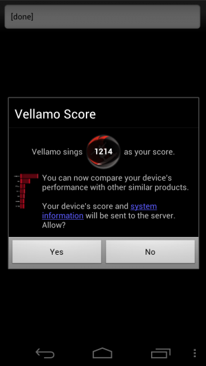 Abbildung 1: Mit 1214 Punkten stellt das Galaxy Nexus einen neuen Rekord beim Vellamo-Benchmark auf.