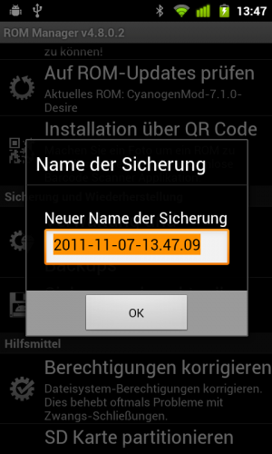 Das aktuelle ROM und alle Einstellungen sichern.