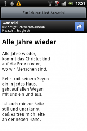 Abbildung 14: Weihnachtslieder Free kennt die Liedtexte zu vielen deutschen Weihnachtsliedern.