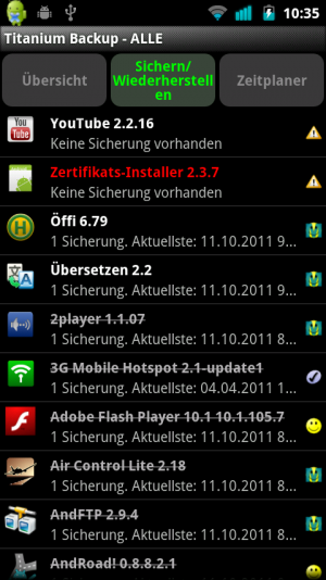 Abbildung 1: Die App Titanium Backup sichert Ihre Apps auf die SD-Karte, und spielt sie bei Bedarf wieder zurück.