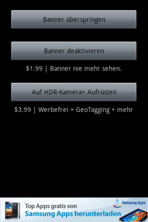Abbildung 10: Nach jeder Aufnahme blendet HDR Camera ein Werbebanner ein und weist auf die kostenpflichtige Plus-Fassung hin.
