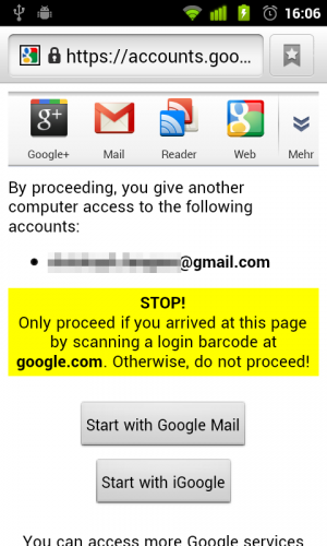 Nach dem Scannen des QR-Codes erlaubt man den Zugriff auf Google Mail.