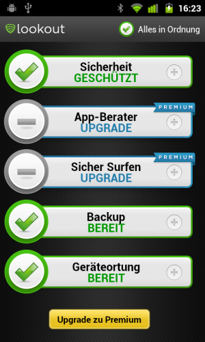Abbildung 1: Manche Funktionen von Lookout Mobile Security sind nur gegen eine Gebühr verfügbar.