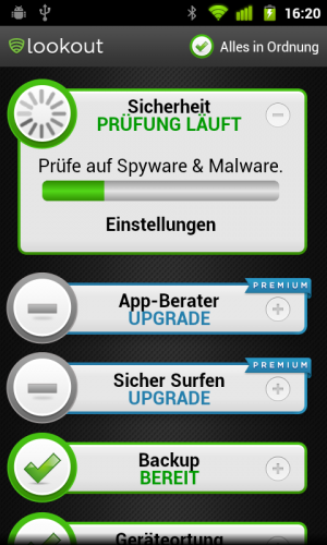 Abbildung 2: Lookout untersucht unter anderem die auf ihrem Smartphone installierten Apps nach Malware.