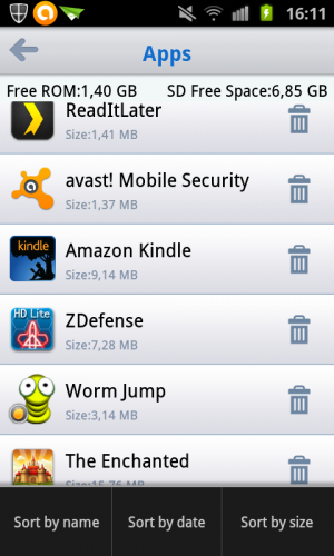 Abbildung 4: Mit AirDroid können Sie Ihre Apps verwalten. Unten sehen Sie die Sortierfunktionen, die Sie per Menü-Taste aufrufen.