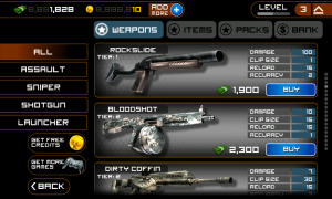 Abbildung 4: Der Shop, in dem Sie Waffen, Ausrüstung und Hilfsmittel kaufen können. Die Links zum Kauf von Credits und Kriegsgeld führen Sie direkt zum Android Market.