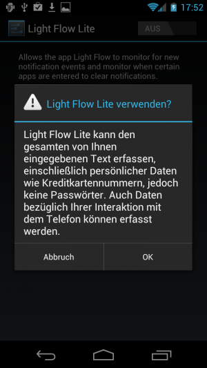 Abbildung 10: Diesen Warnhinweis können Sie bei Light Flow getrost mit OK bestätigen, bei anderen Apps sollten Sie sich zunächst gut informieren.
