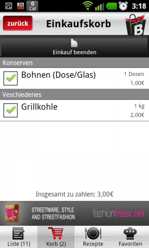 Abbildung 9: Ist das Häkchen gesetzt, rechnet die App automatisch die Preise zusammen und nimmt es von der Liste.