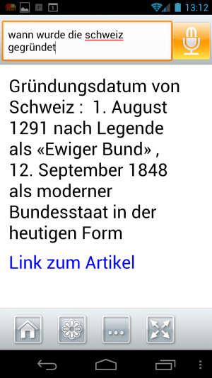 Auch wenn "Gründungsdatum von Schweiz" gramatikalisch nicht ganz korrekt ist: alle Achtung, hier hat AskWiki volle Arbeit geleistet!