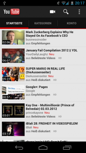 Abbildung 4: Die YouTube App kann nicht nur auf Videos zugreifen, Sie können auch eigene Videos bequem hochladen.