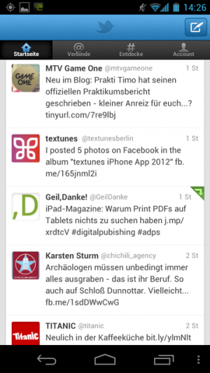 Abbildung 6: Die offizielle Twitter App läuft unter Android 4.0 noch etwas ruckelig, bei den älteren Versionen gibt es keine Probleme.