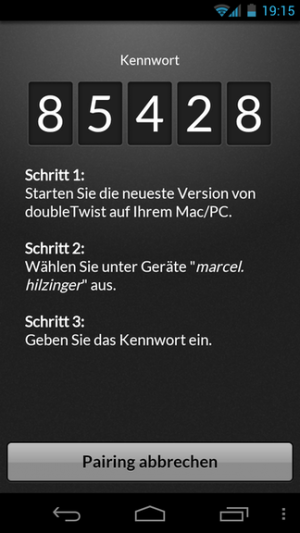 Abbildung 3: Die DoubleTwist App auf dem Smartphone erzeugt einen Code, den Sie anschließend in der Desktop-Software eingeben müssen (Abbildung 4).