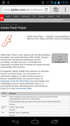 Abbildung 6: Im Gegensatz zum Android-Browser wird Chrome für Android nie Flash unterstützten. Adobe hat die Entwicklung von Flash für mobile Geräte eingestellt.