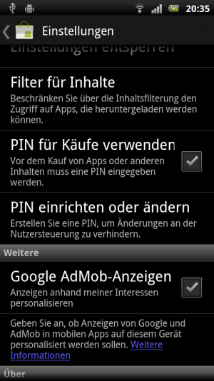 Abbildung 5: Google weist nur in der Hilfe darauf hin, dass der PIN-Schutz nicht wirklich sicher ist. Durch Löschen der Market-Daten lässt sich der Schutz auch ohne Kenntniss des PINs deaktivieren.