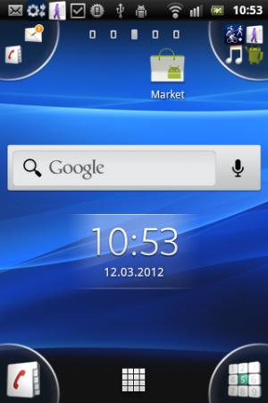 Abbildung 5: Der Homescreen des Sony Ericsson Xperia active wirkt übersichtlich und aufgeräumt.