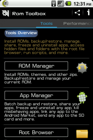 Abbildung 1: Alle Tools in der ROM Toolbox sind in drei große Gruppen unterteilt.