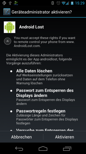 Abbildung 2: Starten Sie nach der Installation AndroidLost und aktivieren über "Request Administator rights" die nötigen Zugriffsrechte.