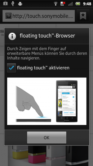 Abbildung 1: Floating Touch lässt sich in den Einstellungen des Xperia sola ausschalten.
