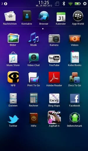 Abbildung 3: Aufgeräumt: Der Homescreen des PlayBooks ist gut geordnet, etwas unpraktisch ist die jedoch Steuerung per Wischgeste.