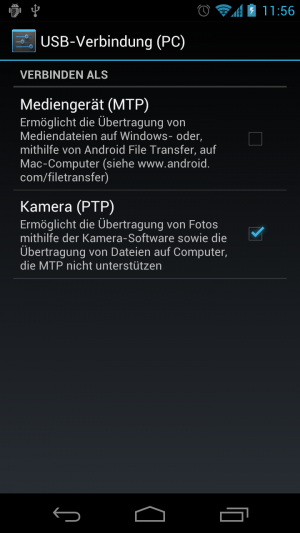 Abbildung 6: Mit PTP wird Ihr Handy als Kamera erkannt, allerdings haben Sie dann nur Zugriff auf Ihre Bilder.