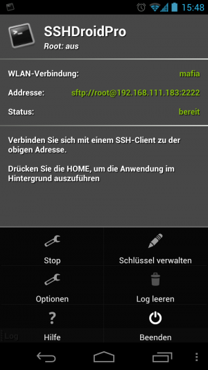 Abbildung 7: SSHDroid installiert Ihnen einen SSH-Server unter Android. Gerade Linuxer haben über ihn viele Möglichkeiten.