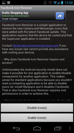 Der Facebook Icon Remover entfernt die Icons, braucht aber Root-Rechte dafür.