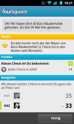 Abbildung 6: Aufstieg in der Rangliste kann eine Motivation sein, Foursquare zu nutzen.