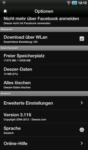Abbildung 4: Die Erstanmeldung bei Deezer erfolgt zwar immer per Facebook-Konto, dieses kann allerdings nachträglich in den üppigen Voreinstellungen der Android-App deaktiviert werden.