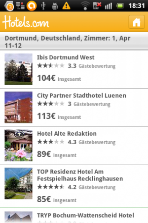 Abbildung 7: Hotels.com liefert nicht nur eine Liste mit Hotels in der Nähe, sondern zeigt auch Bilder und Gästebewertungen.