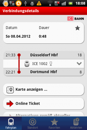 Abbildung 9: Der DB Navigator lässt für Bahnreisende in Deutschland kaum Fragen offen, es muss ja nicht immer der Flieger sein.