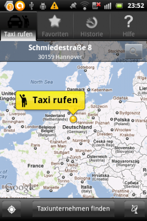 Abbildung 10: Cab4me ruft in vielem Städten auf Fingertipp ein Taxi zur Ihrer per GPS bestimmten Position.