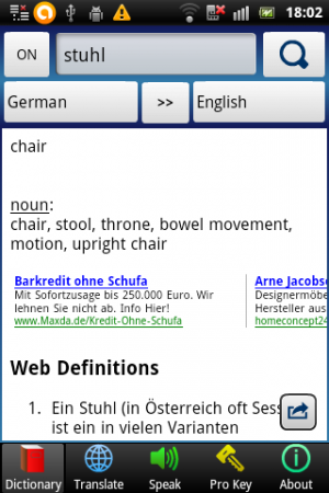 Abbildung 13: Das Multi Lang Dictionary + kramt zu einem Wort noch weitere Informationen aus dem Internet hervor.