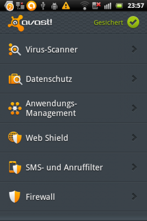 Abbildung 20: avast! Mobile Security bietet zahlreiche Möglichkeiten um Smartphones vor Malware zu sichern.