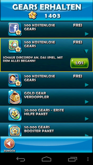 Abbildung 7: Cordy im Original spielen wird mit 500 Gears belohnt.