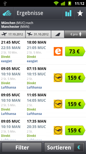 Abbildung 3: Der skyscanner hilft bei der Suche nach günstigen Flügen und bietet anschließend eine umfassende Übersicht.
