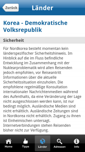 Abbildung 6: Wollen Sie nach Nordkorea reisen? Auch zu exotischen Destinationen hält Auslandsservice einige Tipps parat.